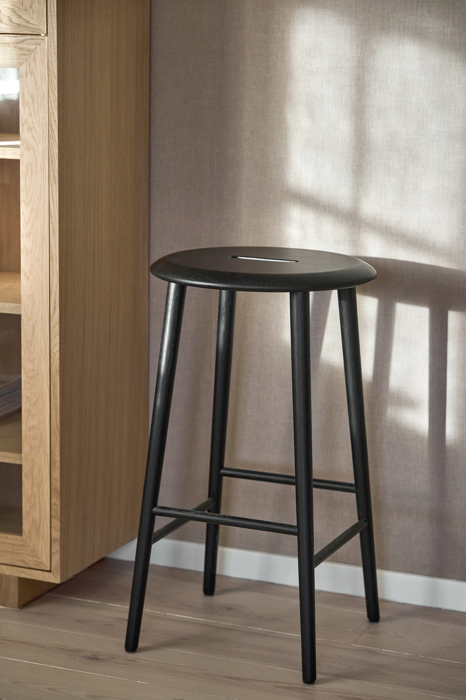 Norrabo round bar stool 65 cm, Black lacquered oak 1898
