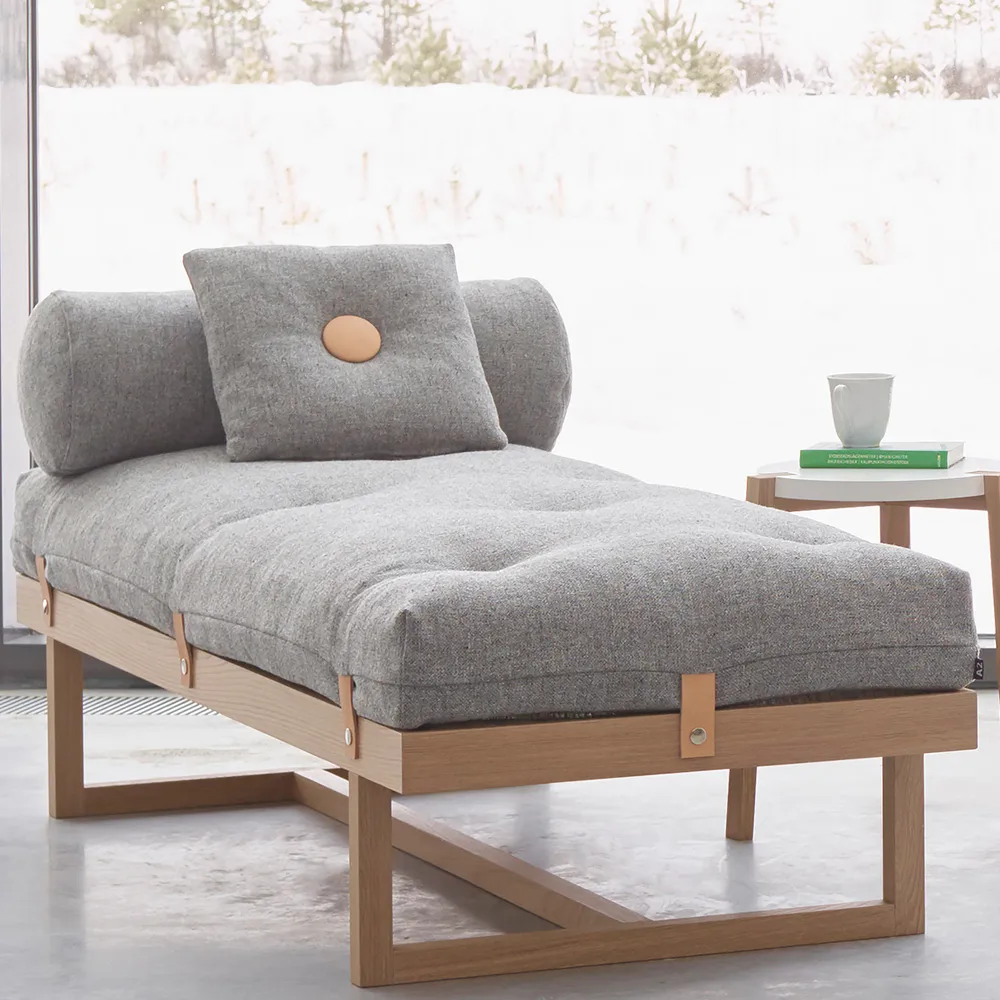 Stay day bed, Fabric grey. body in whiteoiled oak A2
