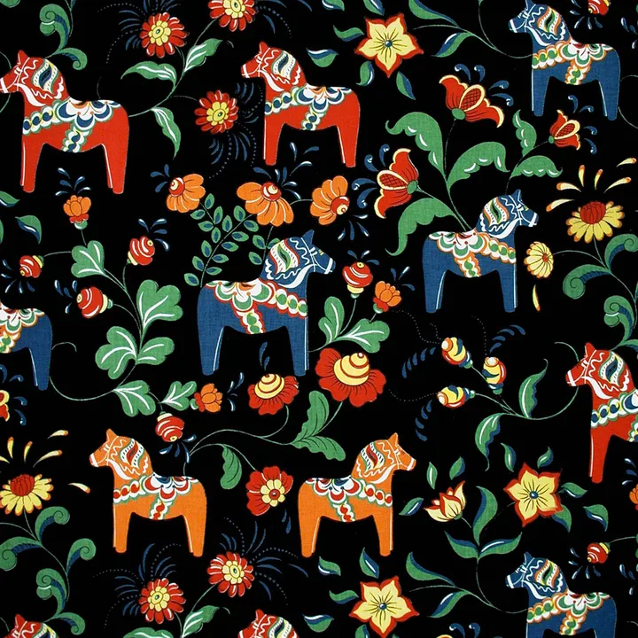 Dala horse oilcloth - black - Arvidssons Textil