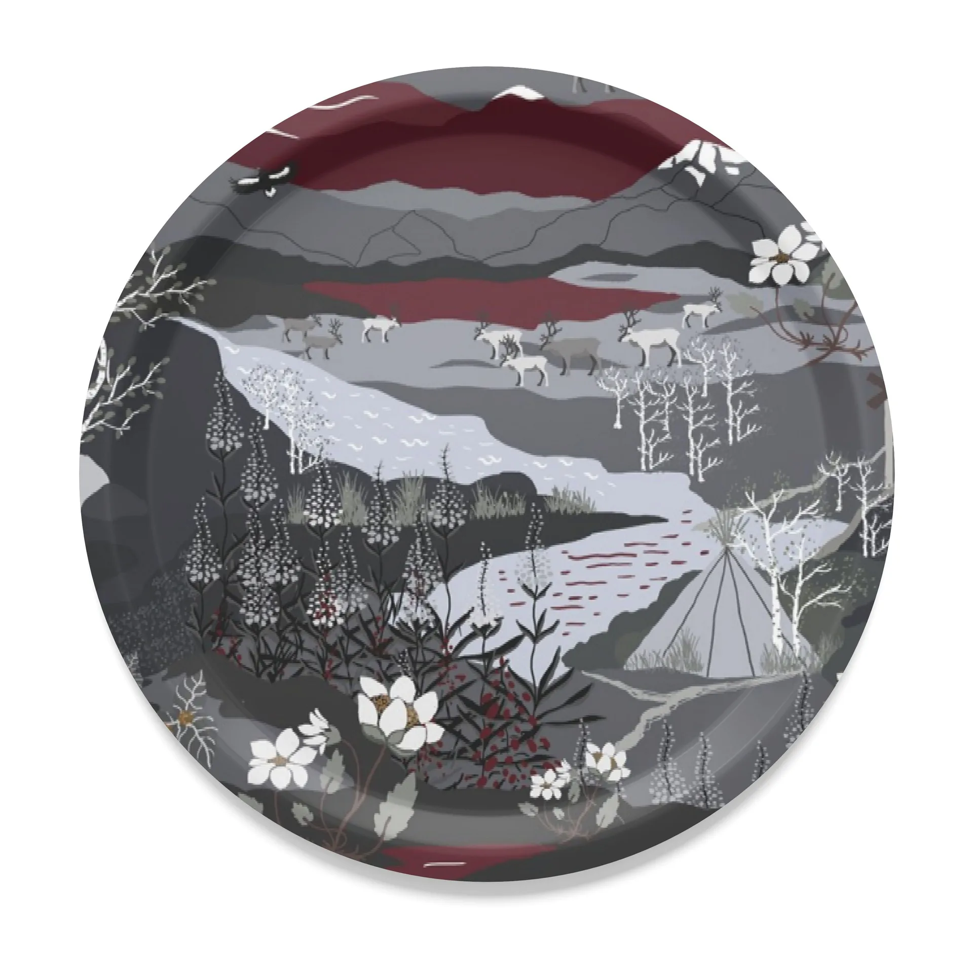 Fjällvandring tray Ø31 cm, grey-burgundy Arvidssons Textil