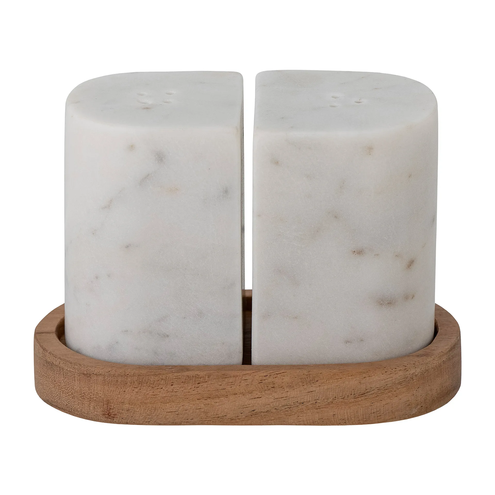 Manola salt- and pepper cellar with saucer, White marble-wood Bloomingville