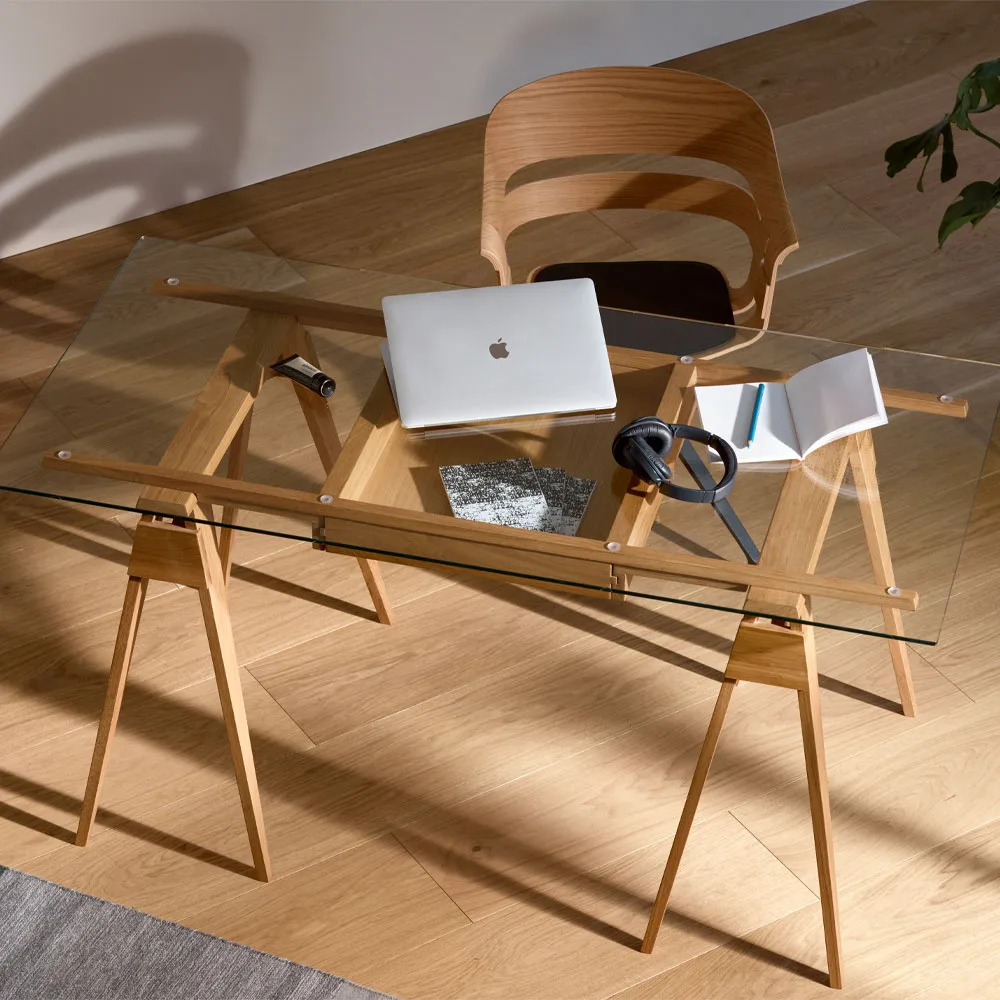 Arco desk, White lacquer, incl. box, glass tabletop Design House Stockholm