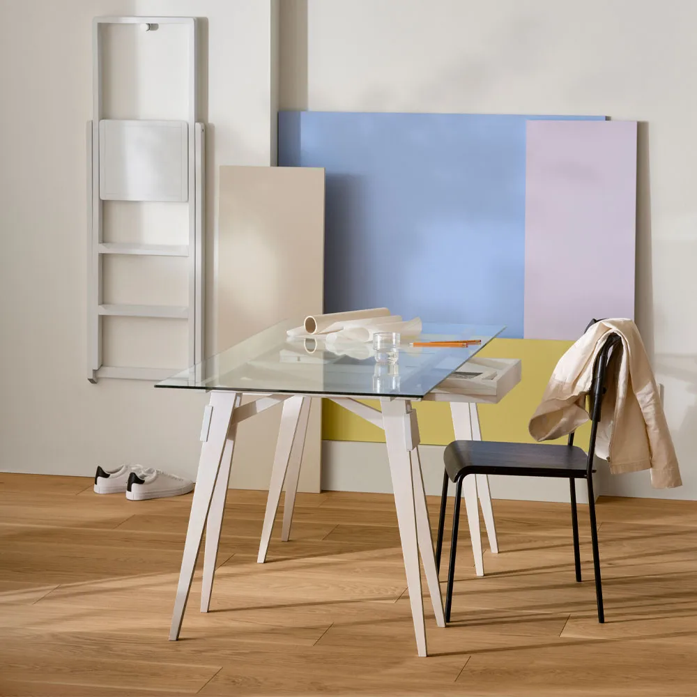 Arco desk, White lacquer, incl. box, glass tabletop Design House Stockholm