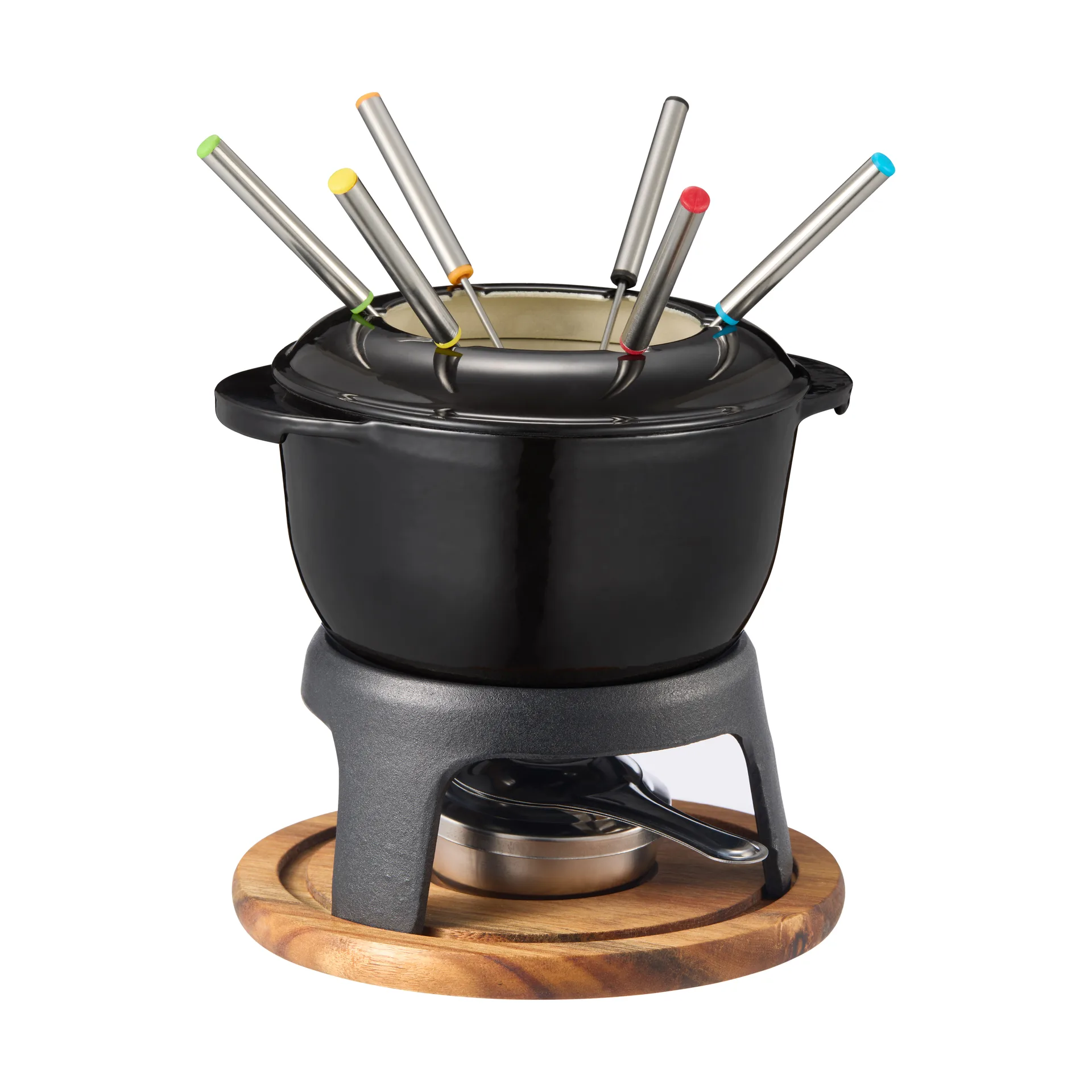 Foni Fondue cast iron enameled 21×18.4×9.8 cm, Black acacia wood board Dorre