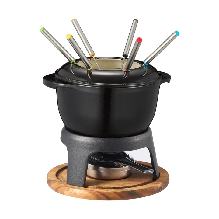 Foni Fondue cast iron enameled 21×18.4×9.8 cm - Black acacia wood board - Dorre