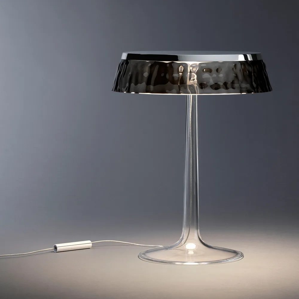 Bon Jour T table lamp, Orange fabric shade - matte chrome Flos
