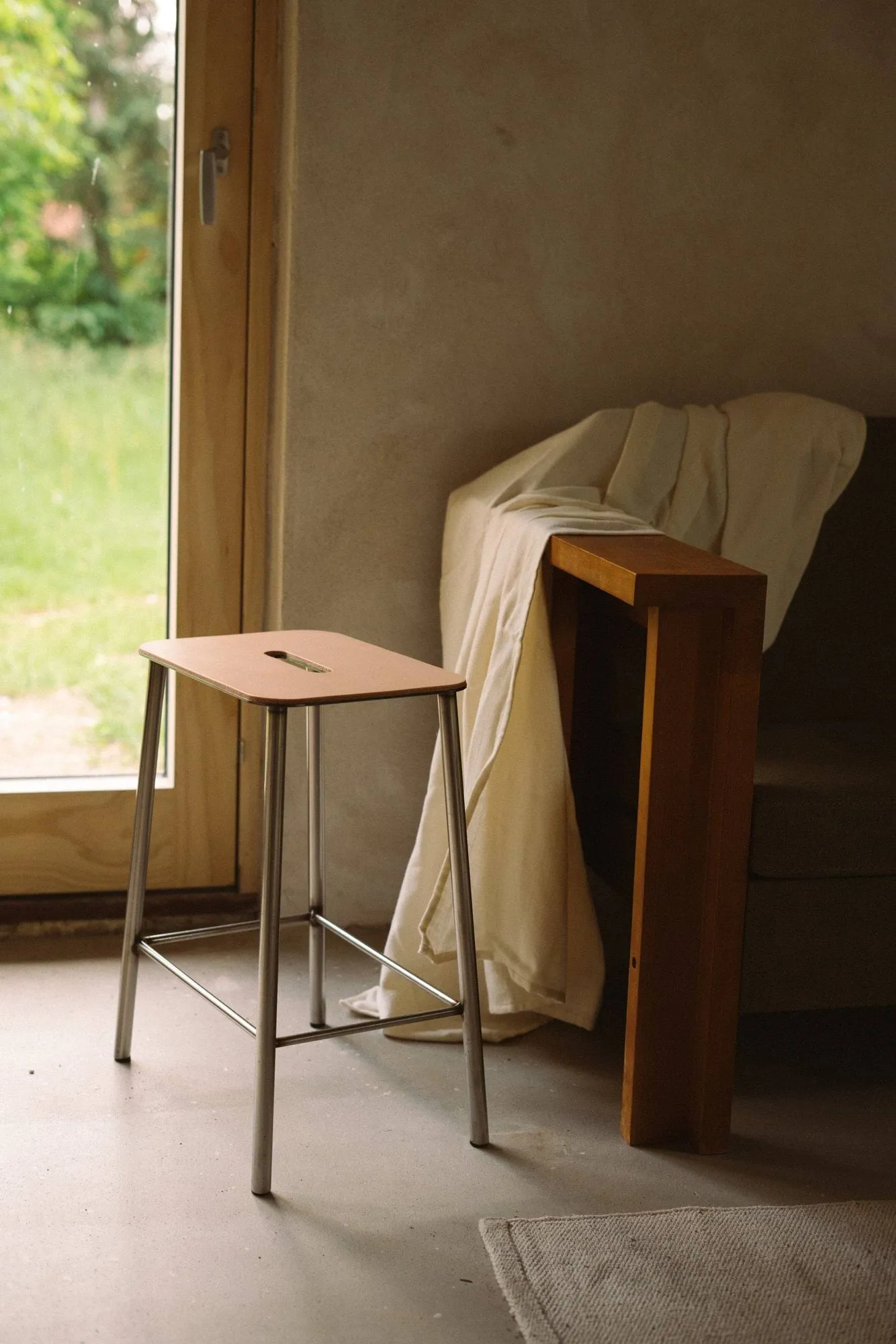 Adam stool, Raw steel-natural leather, H:65 cm FRAMA