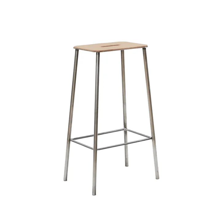 Adam stool - Raw steel-natural leather, H:76 cm - FRAMA