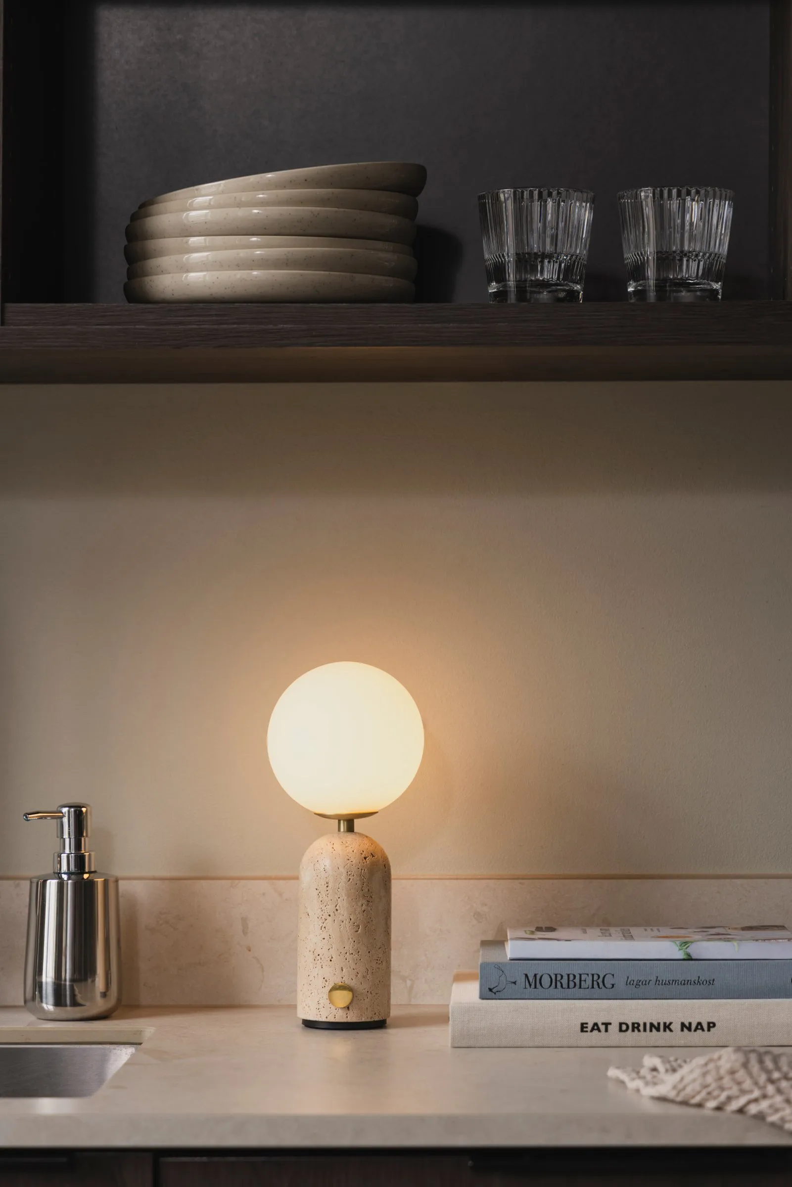 Torrano portable table lamp, Beige travertine Globen Lighting