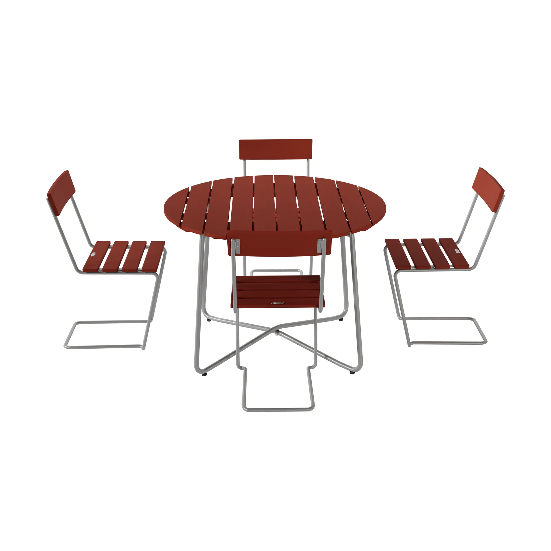 9A dining table Ø100 cm + 4 Chair 1, dark red oak-hot-dip galvanized Grythyttan Stålmöbler