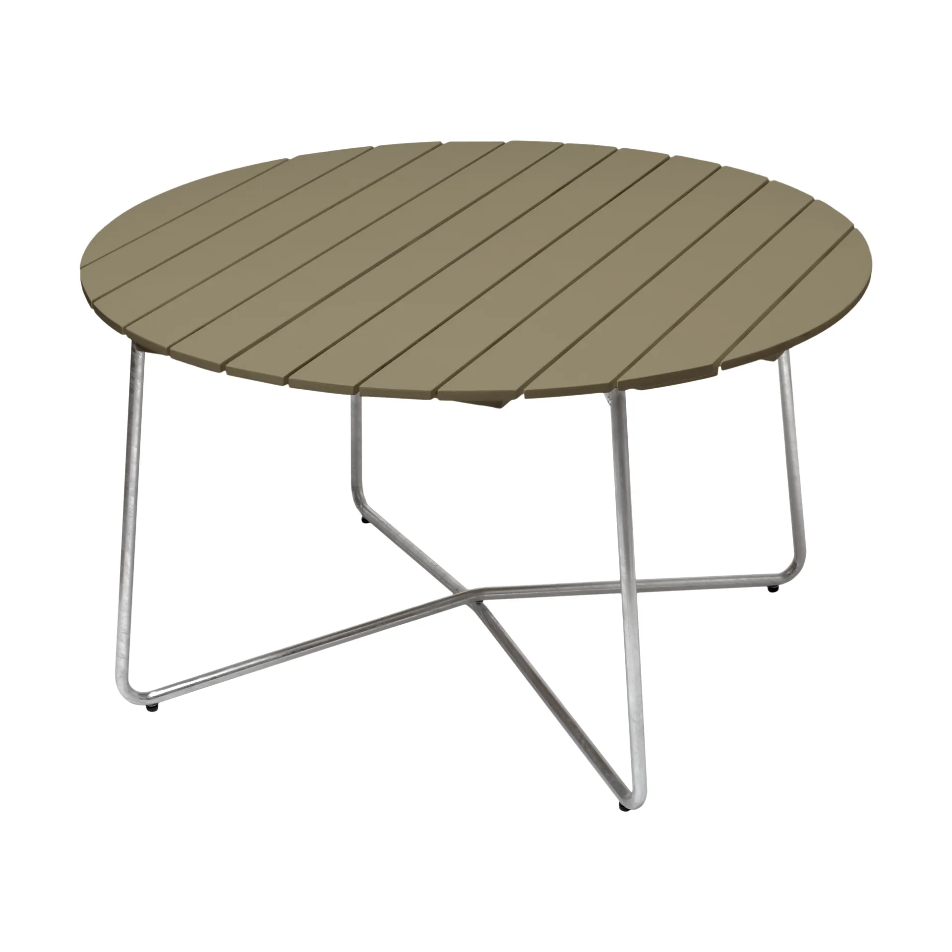 9A dining table, Light green oak-hot-dip galvanized stand Ø120 cm Grythyttan Stålmöbler