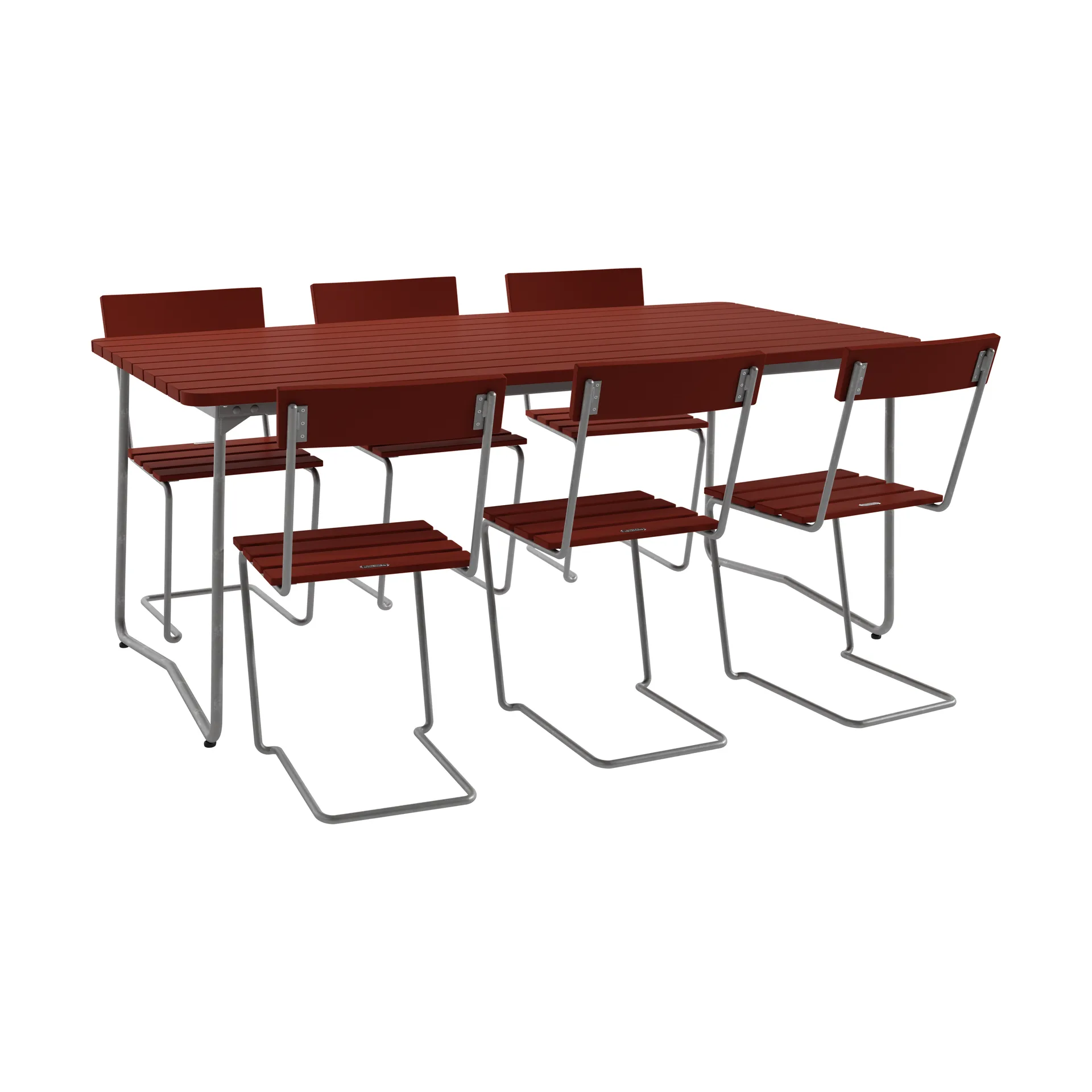 B31 table 170 cm + 6 Chair 1, dark red-hot-dip galvanized frame Grythyttan Stålmöbler