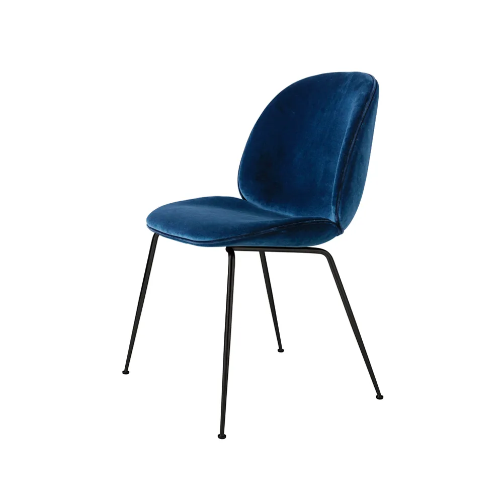 Beetle dining chair - fully upholstered conic base, Fabric velluto cotone 970 dark blue, black steel legs GUBI