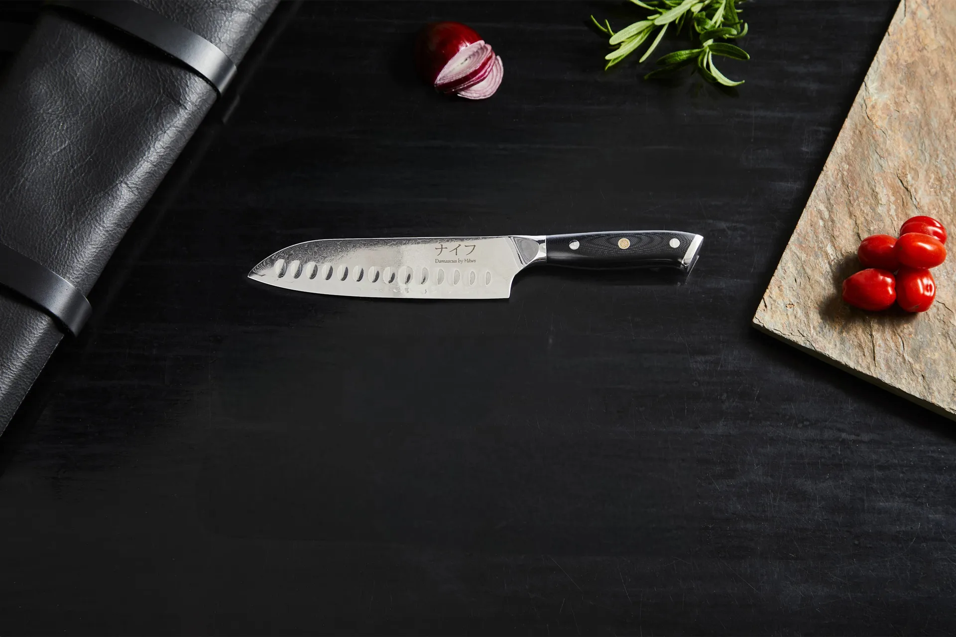 Damascus By Hâws santoku knife 32 cm, Black-stainless steel Hâws