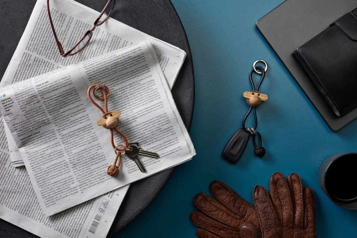 Kay Bojesen monkey keyring, Teak, limba wood, natural leather Kay Bojesen Denmark
