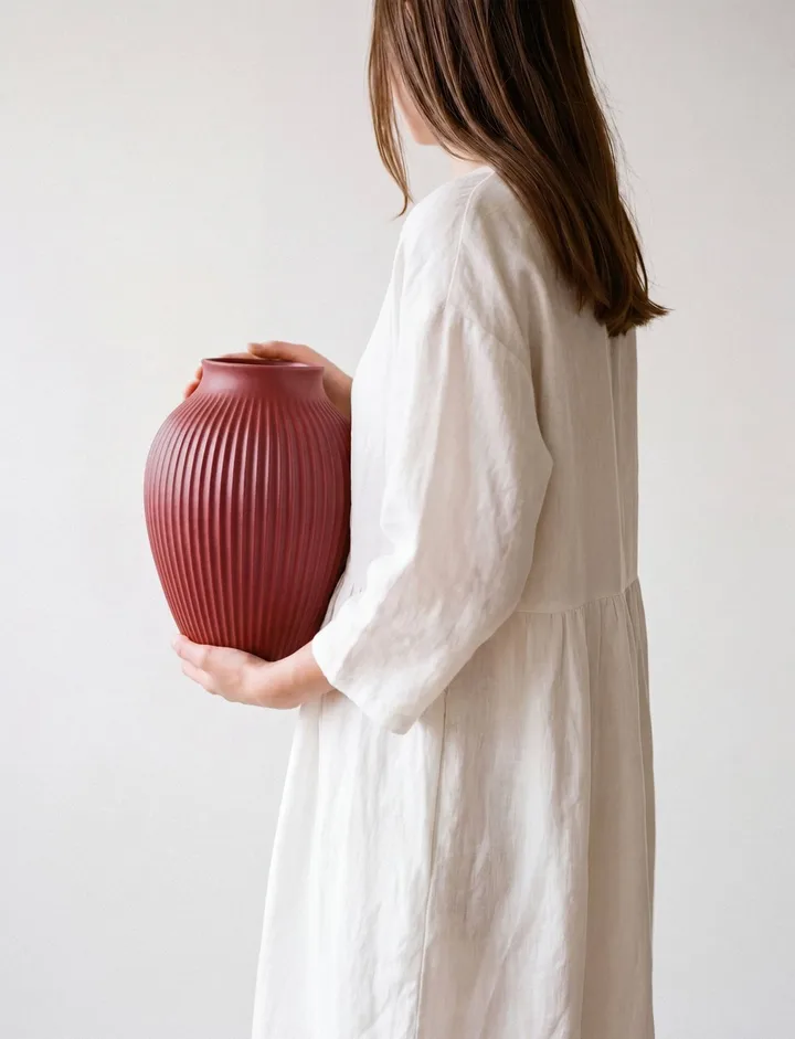 Knabstrup vase ribbed 20 cm - Soft cherry red - Knabstrup Keramik
