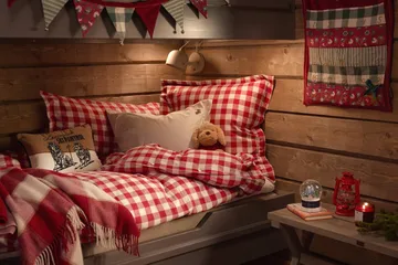 Checked cotton flannel bedding set - Red-light beige, 50x60 cm/150x210 cm - Lexington