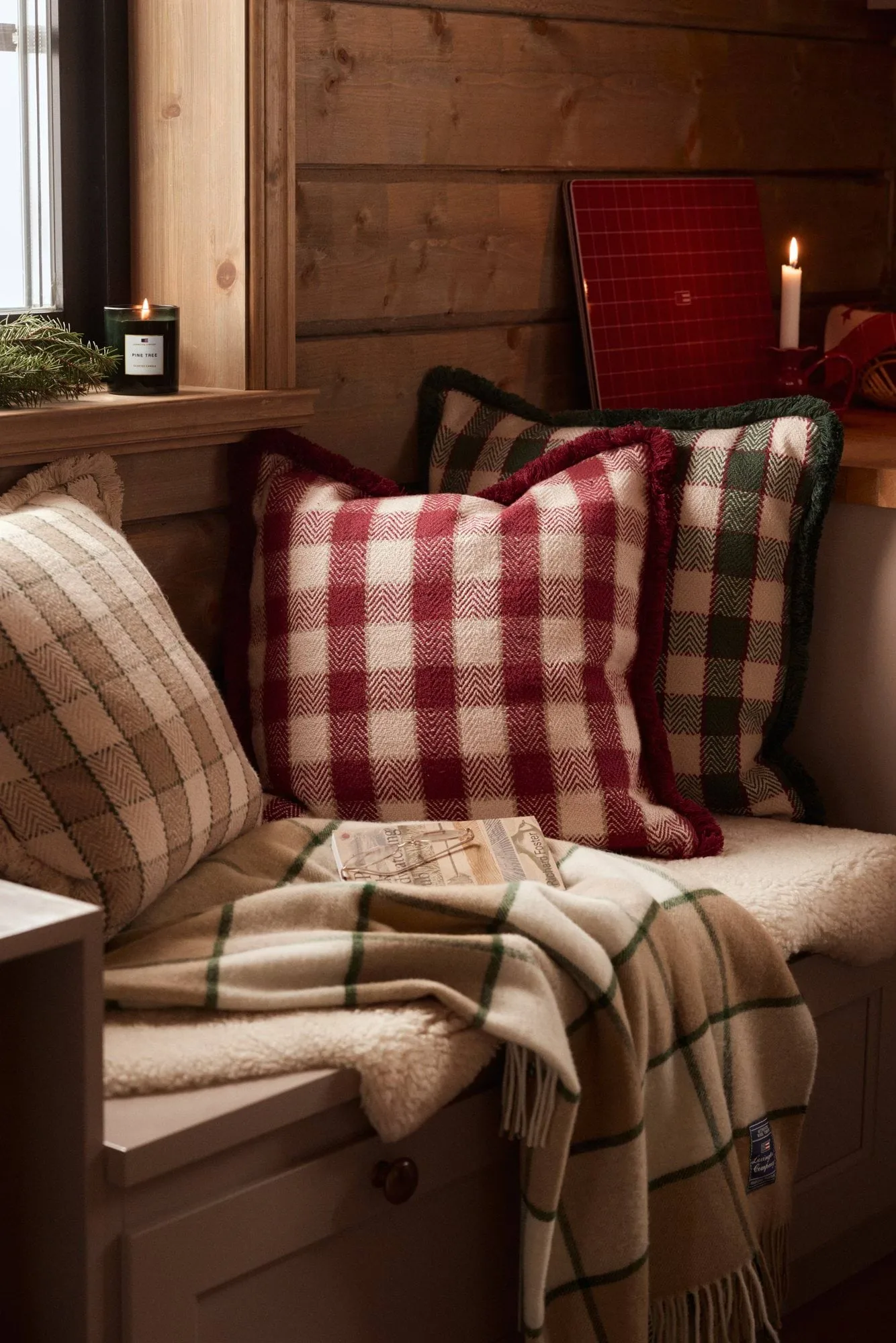 Checked organic cotton fringe cushion cover, Beige-light beige-green Lexington