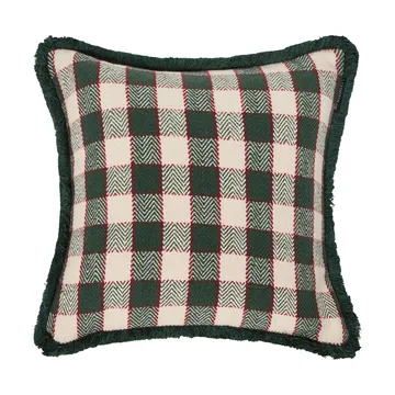 Checked organic cotton fringe cushion cover - Green-light beige-red - Lexington
