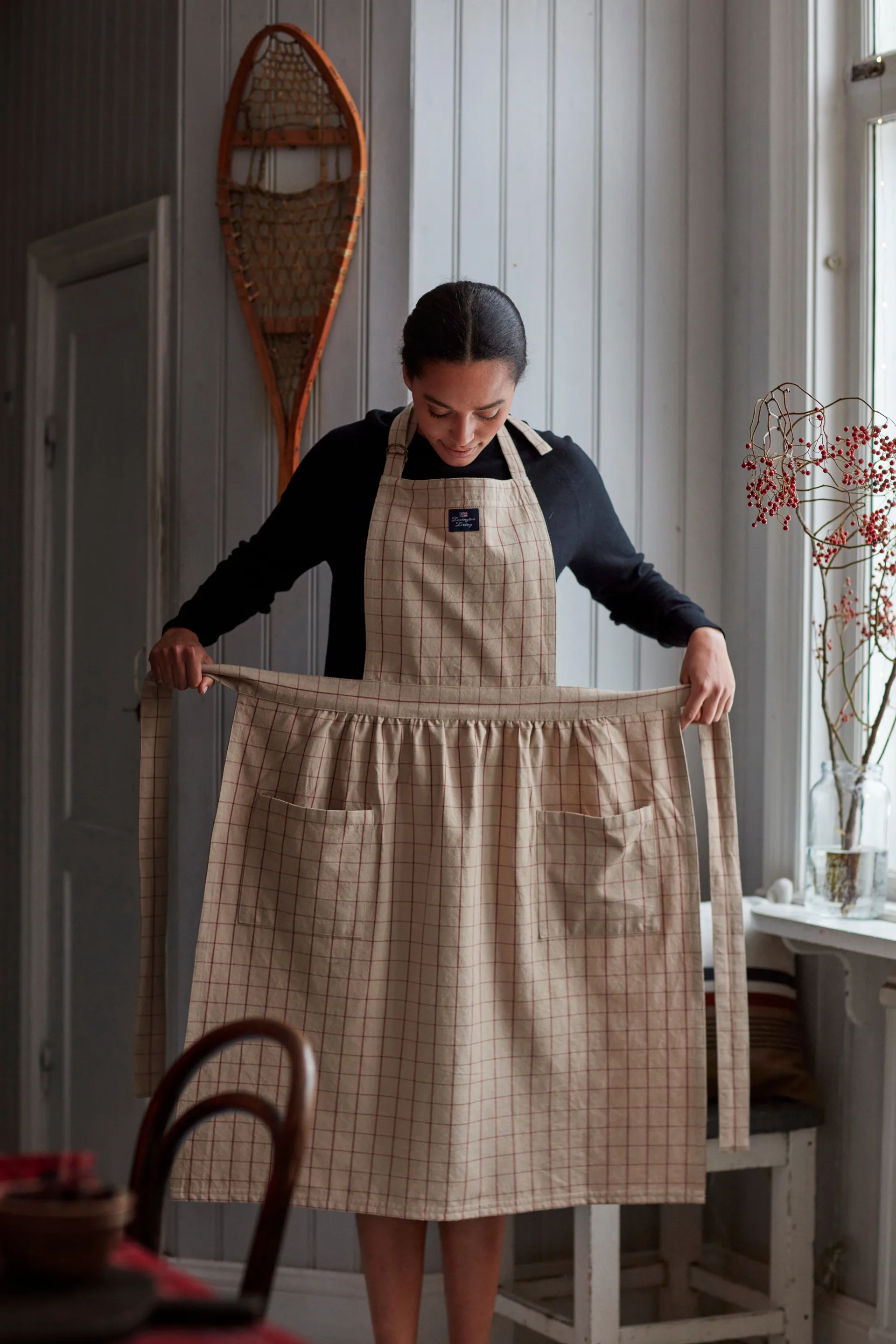 Checked Organic Cotton Oxford apron, Beige-red Lexington