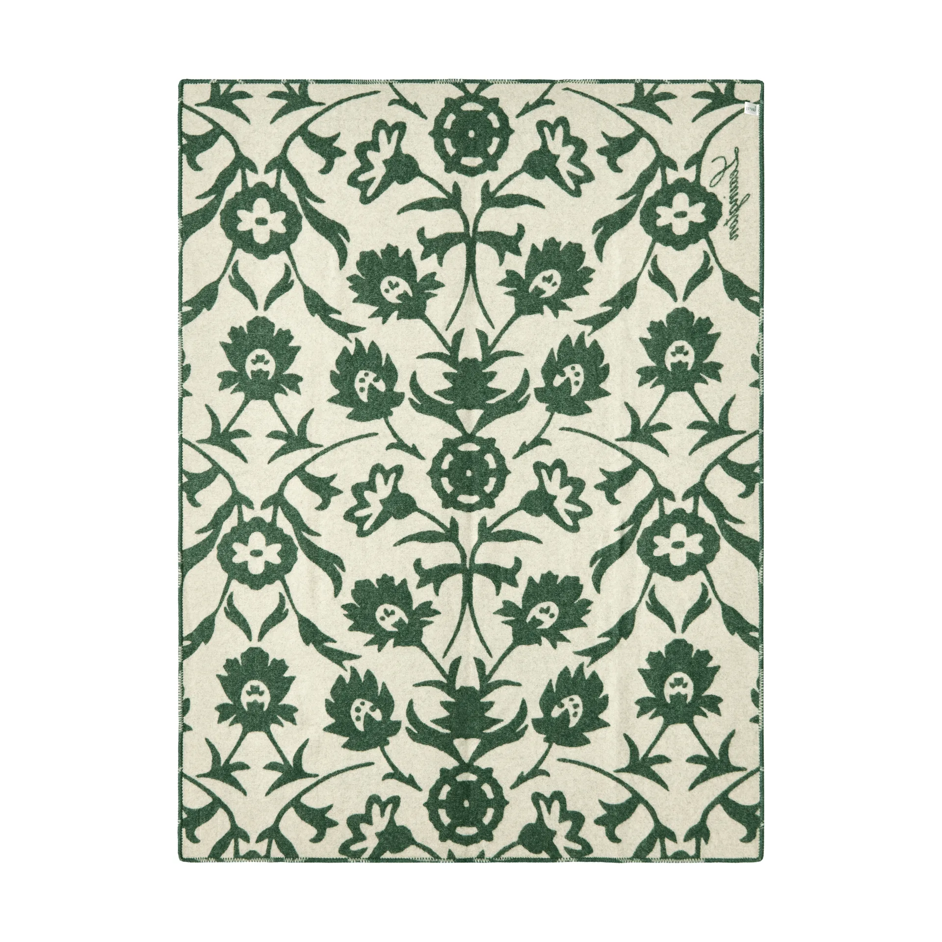 Flower jacquard-woven wool blanket, Green-Light beige Lexington