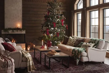 Flower jacquard-woven wool blanket - Green-Light beige - Lexington