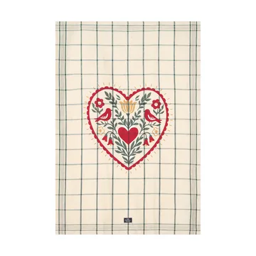 Heart linen/cotton kitchen towel - White-green-red, 50x70 cm - Lexington