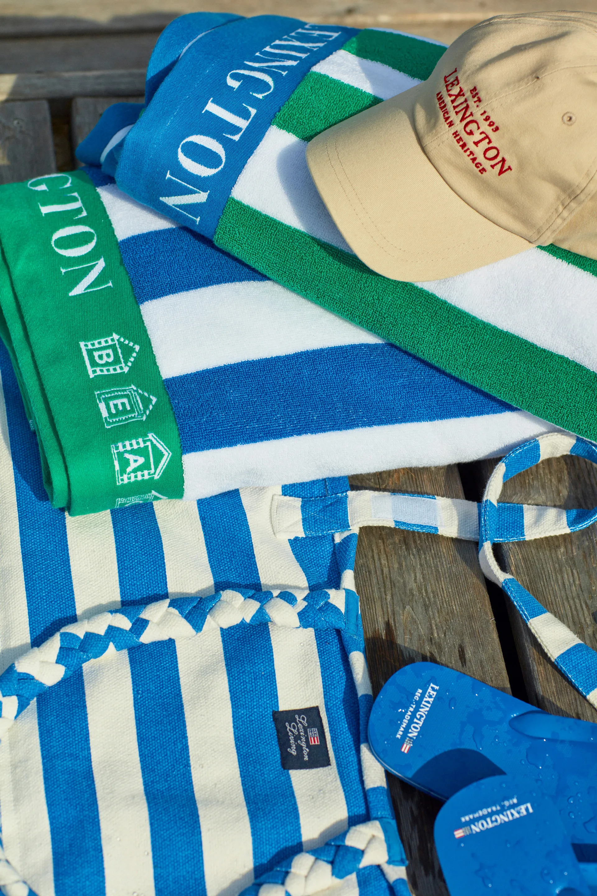 Striped Cotton Terry beach towel 100x180 cm, Blue-white-green Lexington