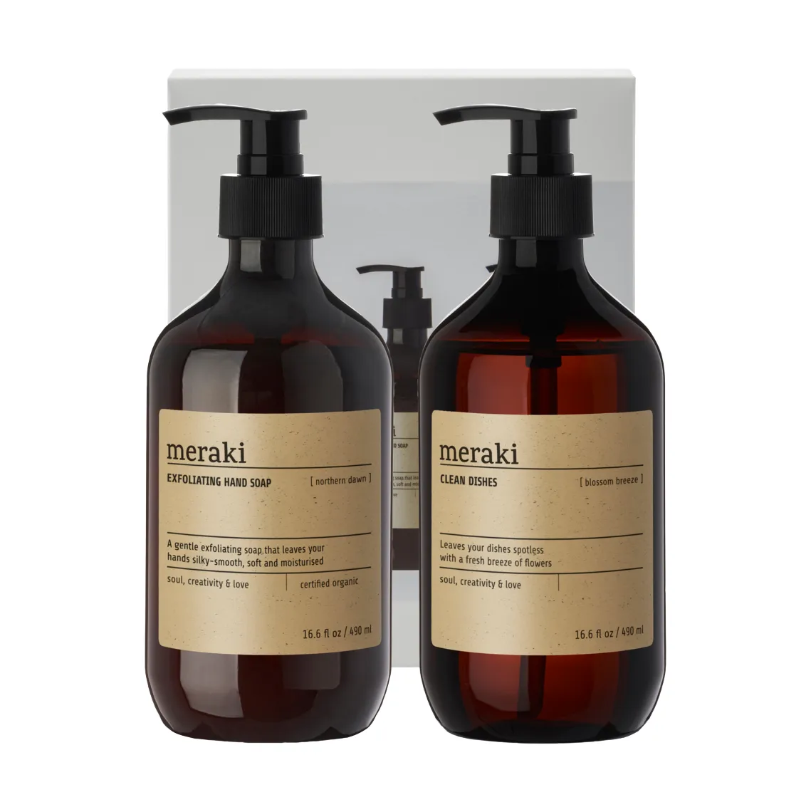 Meraki gift set hand soap and dish soap, Exfoliating Northern star, Blossom breeze Meraki