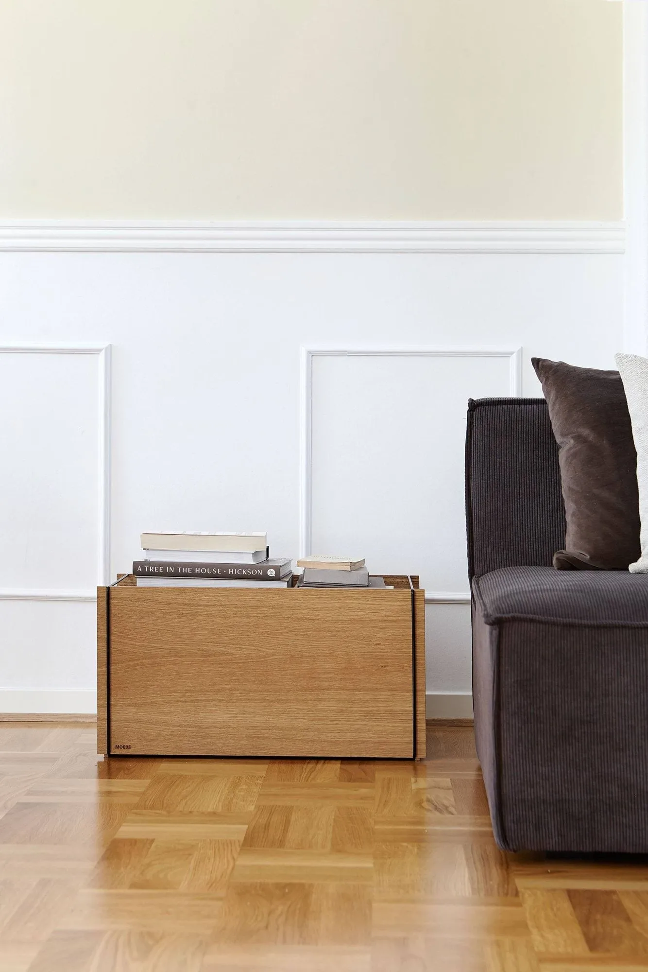 Moebe storage box, Smoked oak-stainless steel, with castors, 33x60x31 cm MOEBE