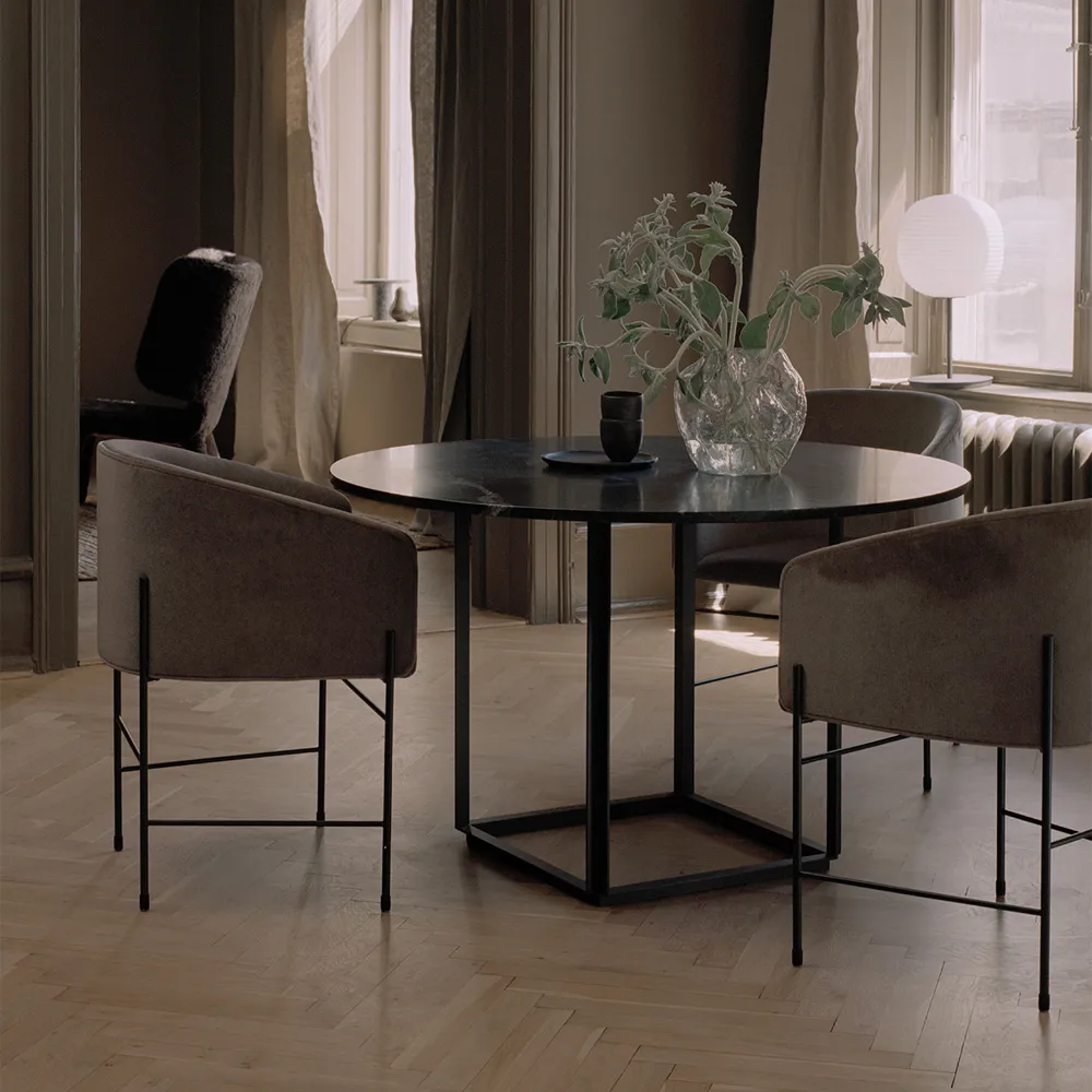 Florence round dining table, Black marquina marble. ø120 cm. black stand New Works