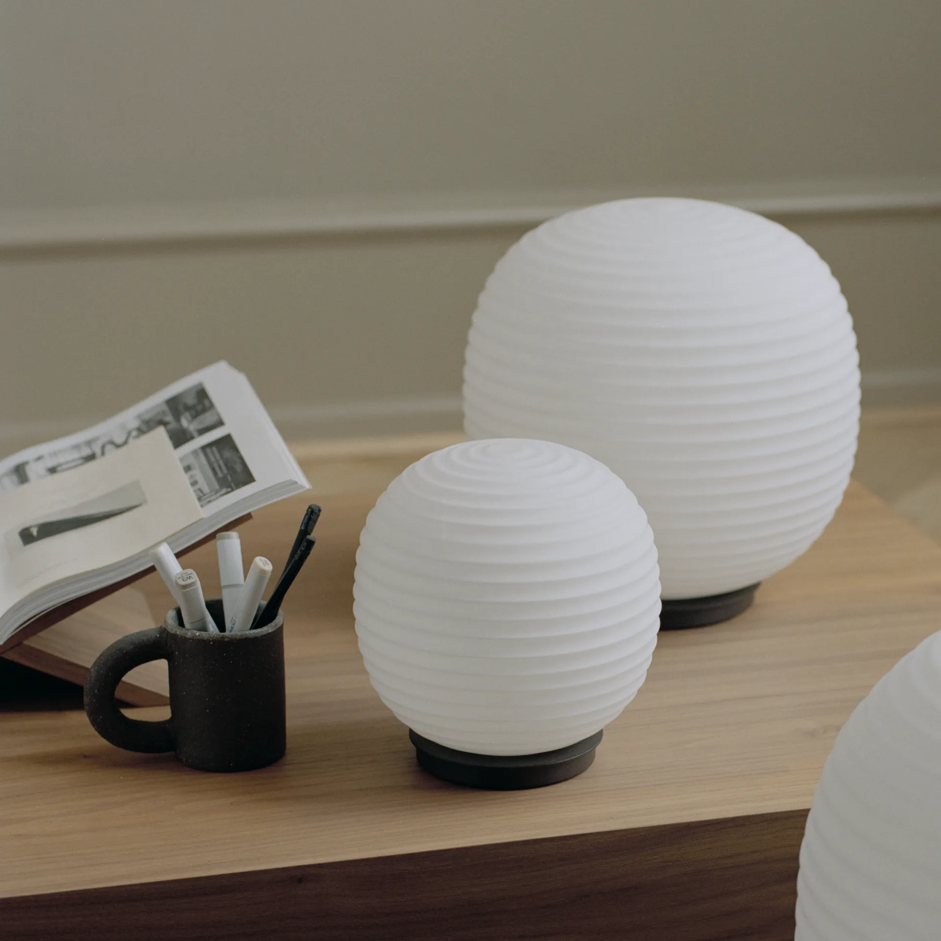 Lantern Globe table lamp small, Frosted white opal glass New Works
