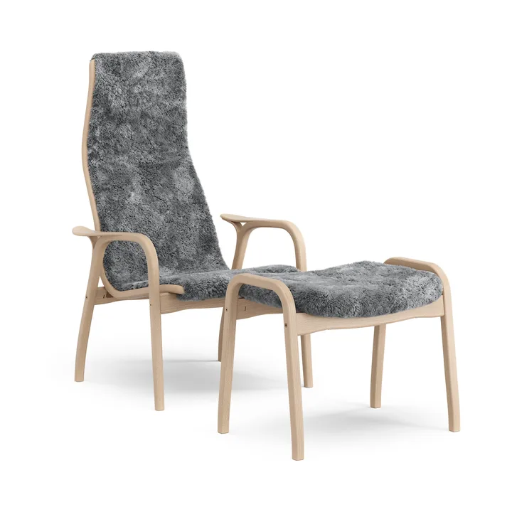 Lamino armchair and footstool - Sheepskin Scandinavian grey-laquered beech - Swedese