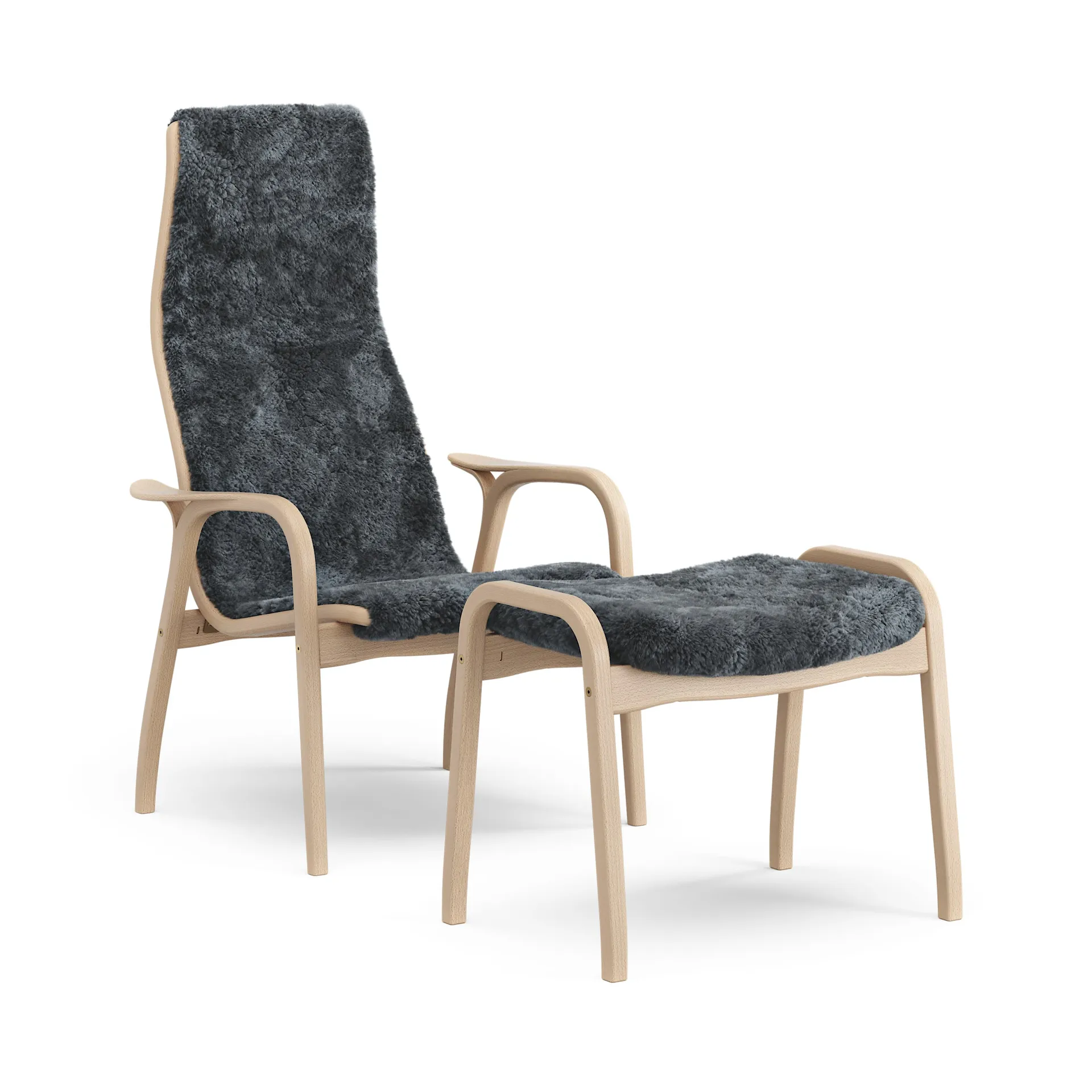Lamino armchair and footstool varnished beech/sheepskin, Charcoal (dark grey) Swedese