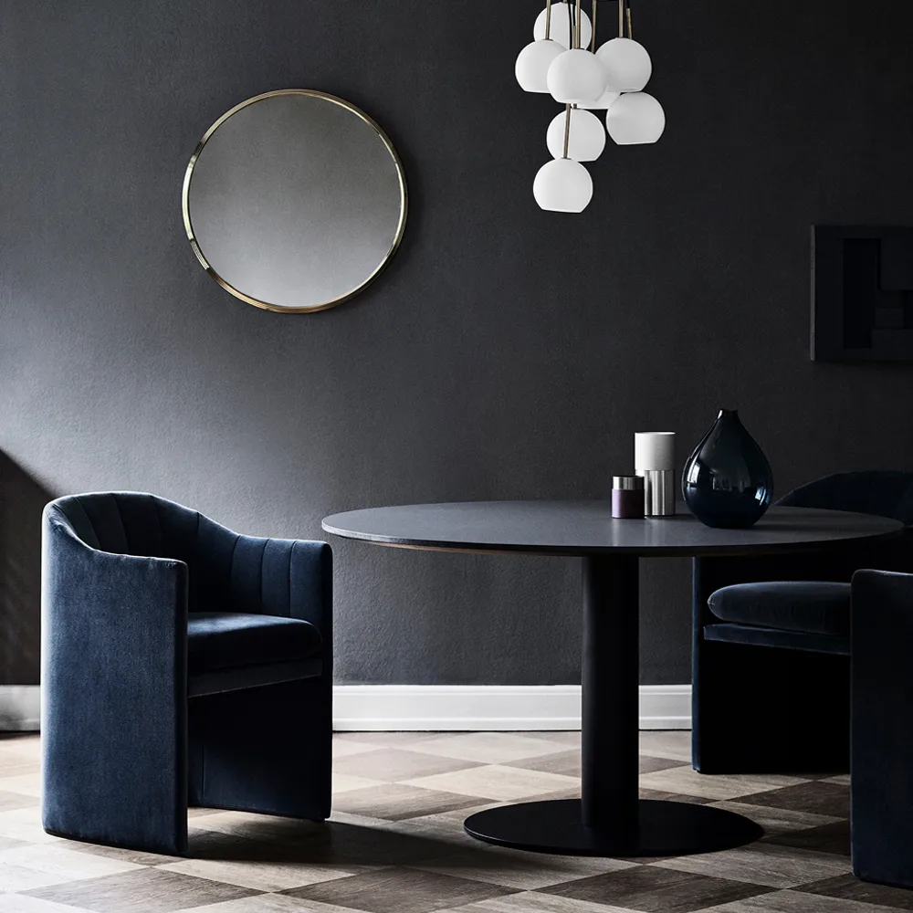 In Between SK12 dining table, Black lacquered oak. matte black metal stand &Tradition