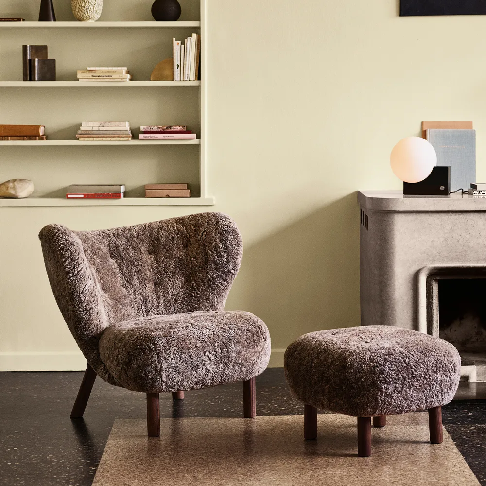 Little Petra ATD1 footstool, Sheepskin Sahara-walnut legs &Tradition