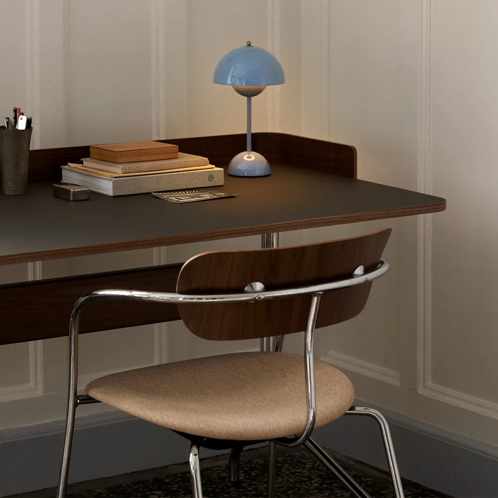 Pavilion AV17 desk, Mushroom linoleum, lacquered oak, chrome legs &Tradition