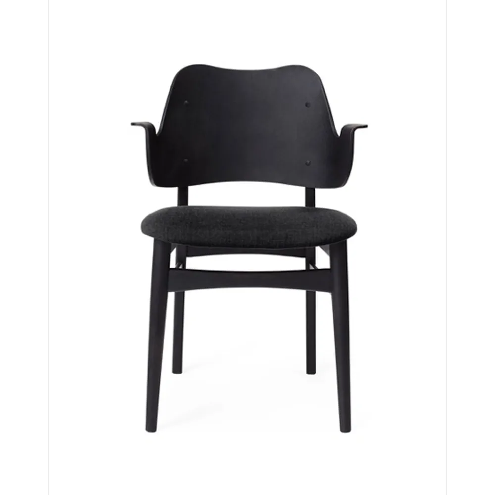 Gesture chair, upholstered seat, Fabric anthracite, black lacquered beech legs Warm Nordic