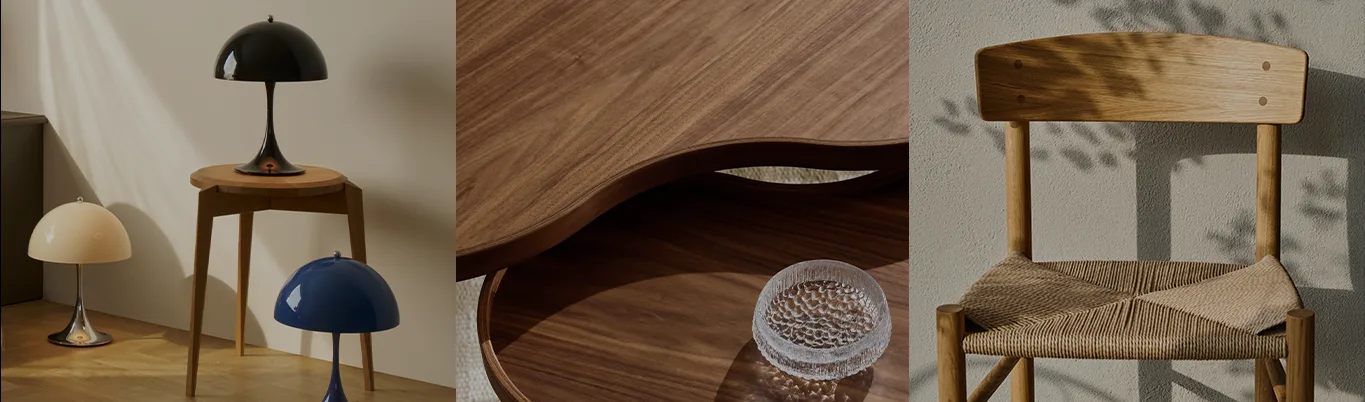 Three elegant interior vignettes: mushroom lamps, a wavy wooden table with a textured glass bowl, and a wooden chair with a woven seat.