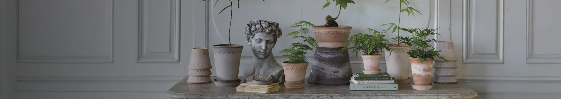 A marble console table with various potted plants, a classical bust, and stacks of books.