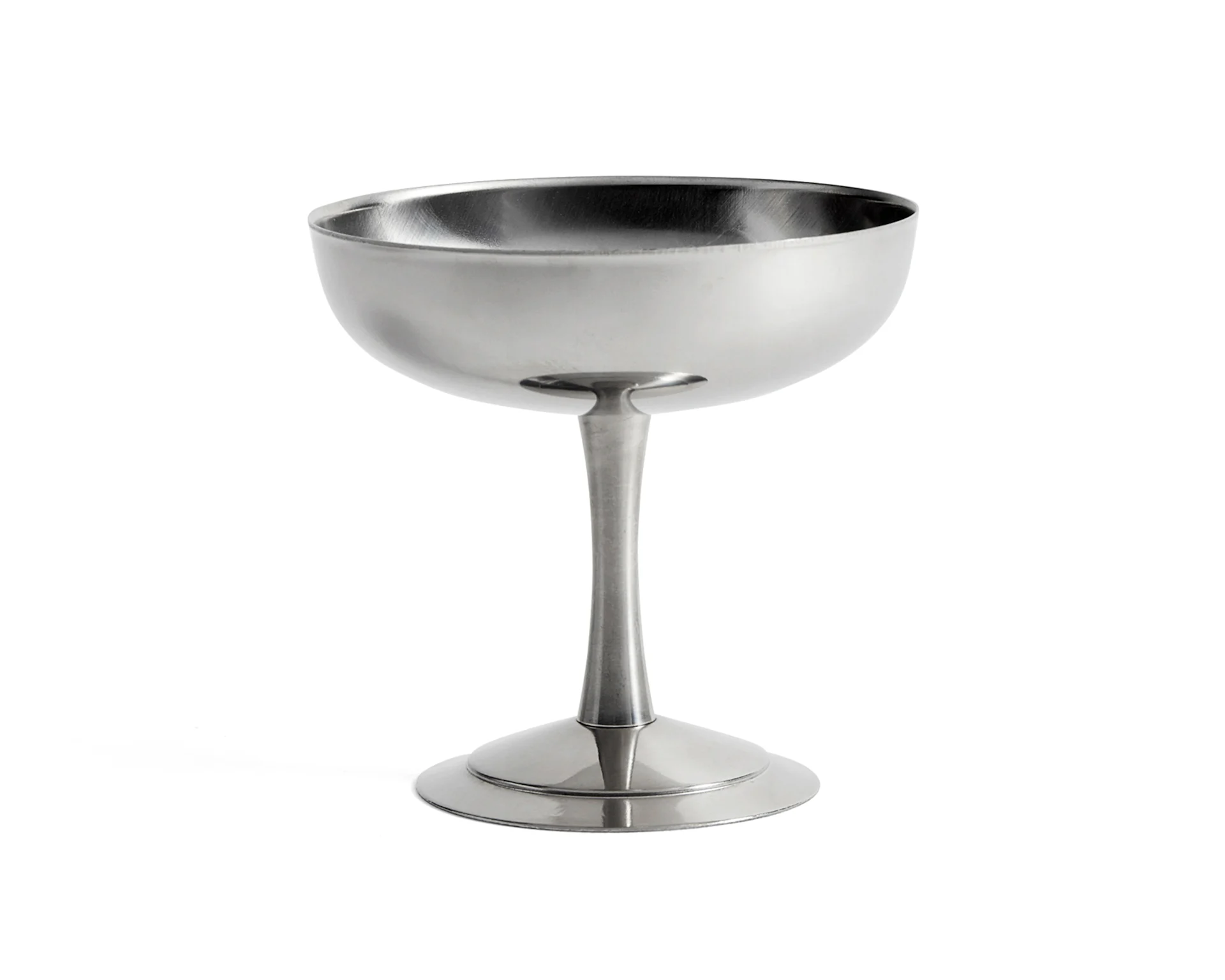A single, polished silver champagne coupe with a wide, shallow bowl, slender stem, and circular base.