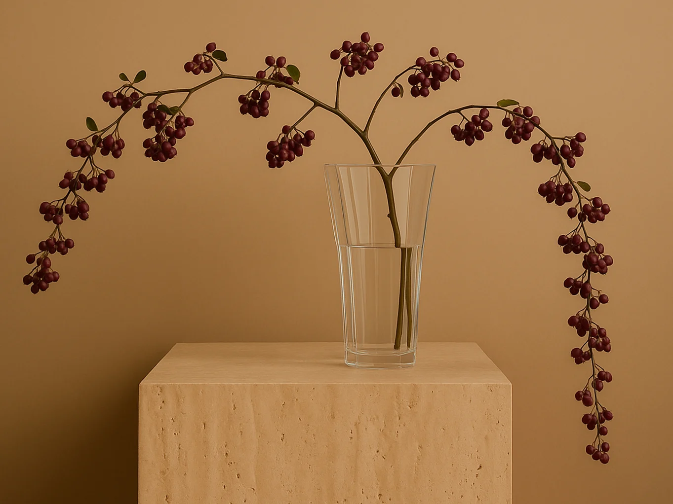 Branch with dark red berries and green leaves in a glass vase on a light brown textured block.